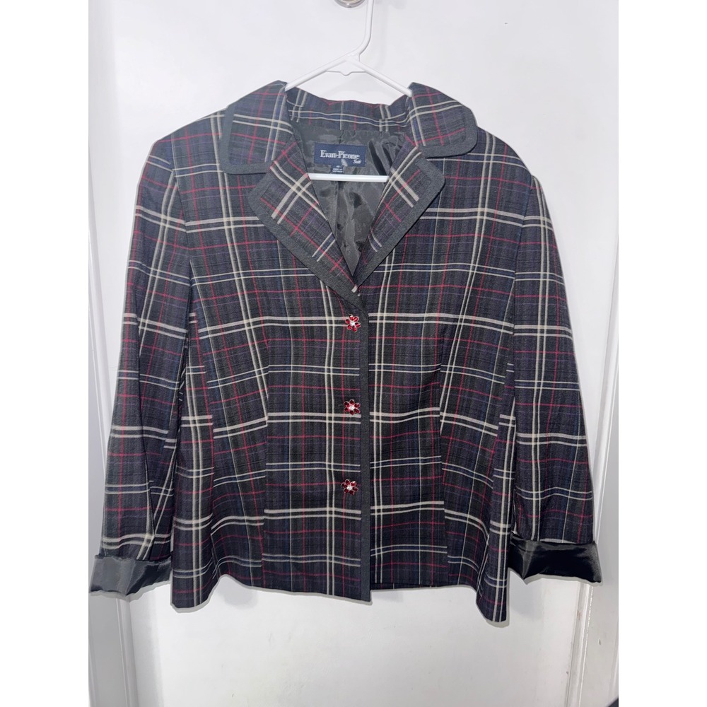 Evan-Picone Suit Womens Plaid Blazer Jacket Grey Red Blue Floral Buttons Size 16